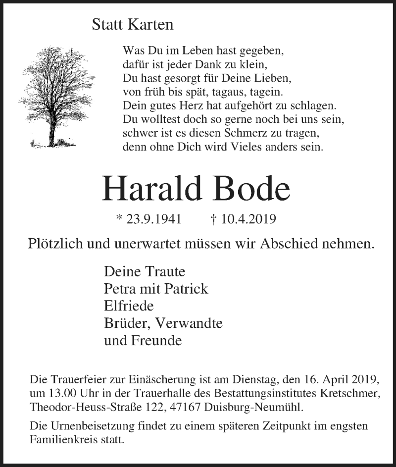  Traueranzeige für Harald Bode vom 13.04.2019 aus Tageszeitung