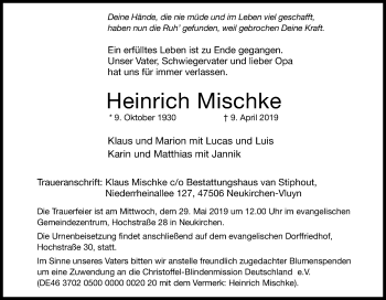 Traueranzeige von Heinrich Mischke von Tageszeitung