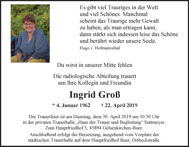  Traueranzeige für Ingrid Groß vom 29.04.2019 aus Tageszeitung