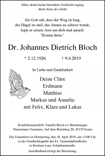 Traueranzeige von Johannes Dietrich Bloch von Tageszeitung