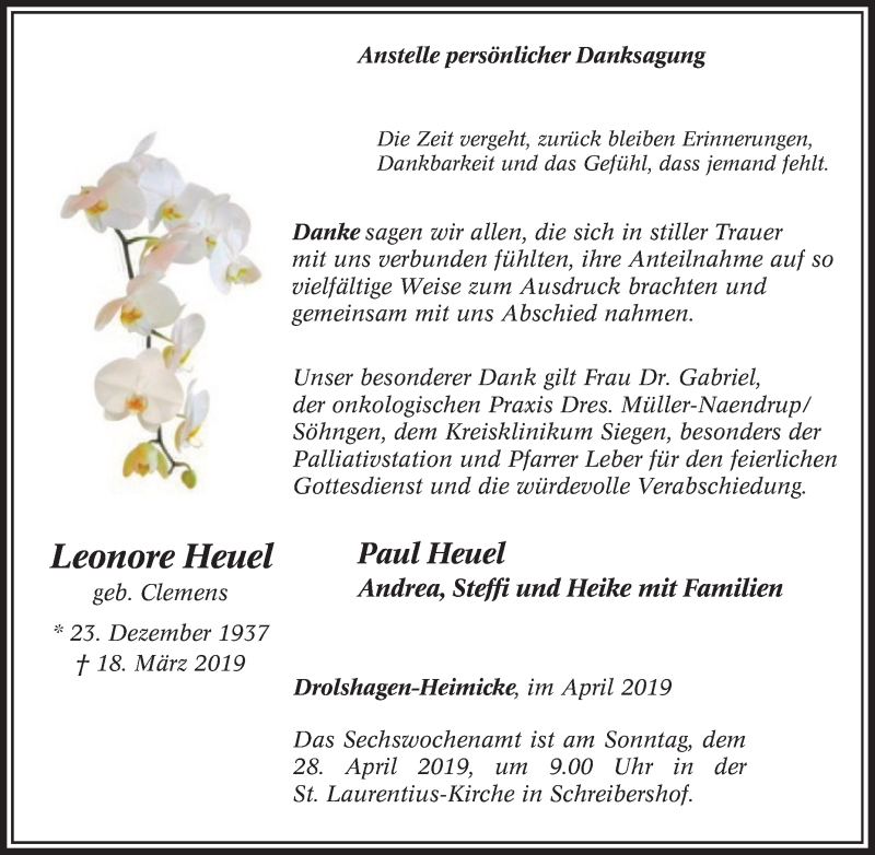  Traueranzeige für Leonore Heuel vom 24.04.2019 aus waz