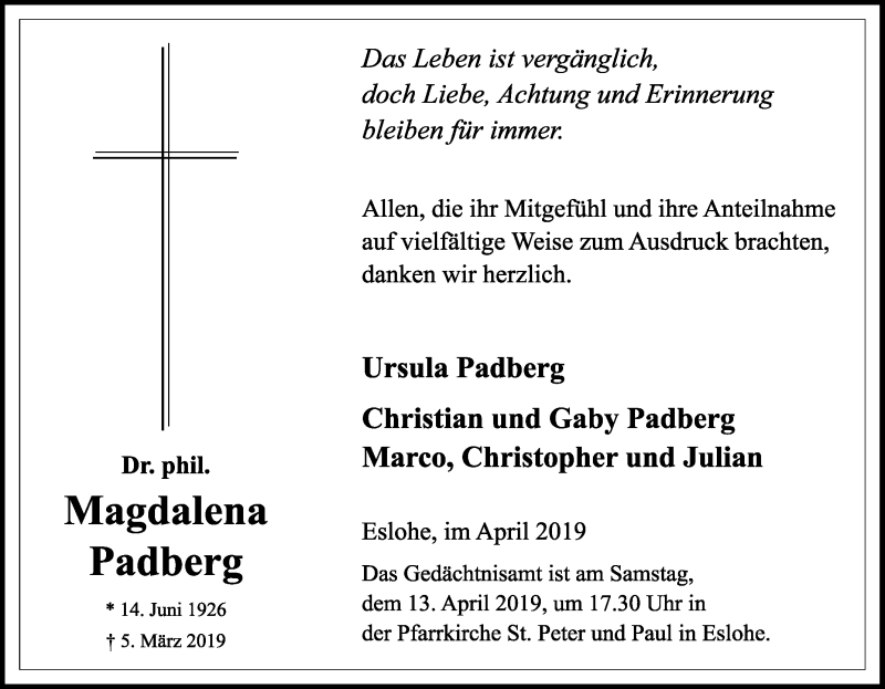  Traueranzeige für Magdalena Padberg vom 09.04.2019 aus waz