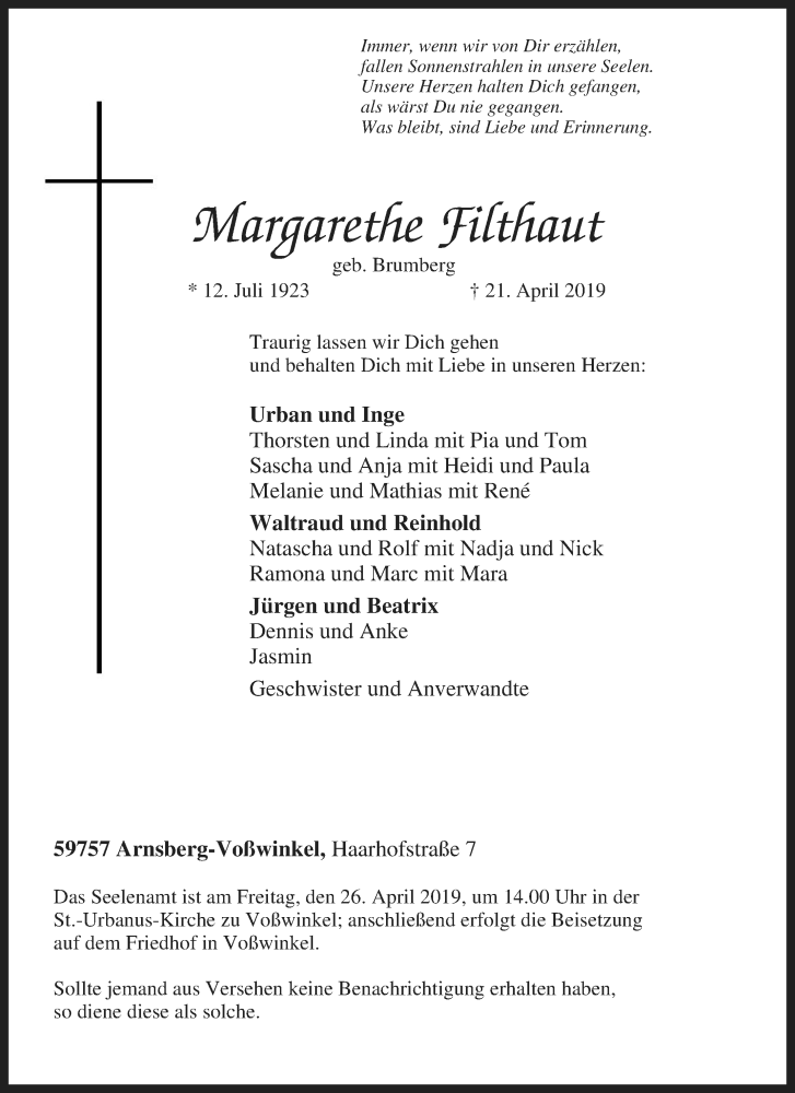  Traueranzeige für Margarethe Filthaut vom 23.04.2019 aus Tageszeitung