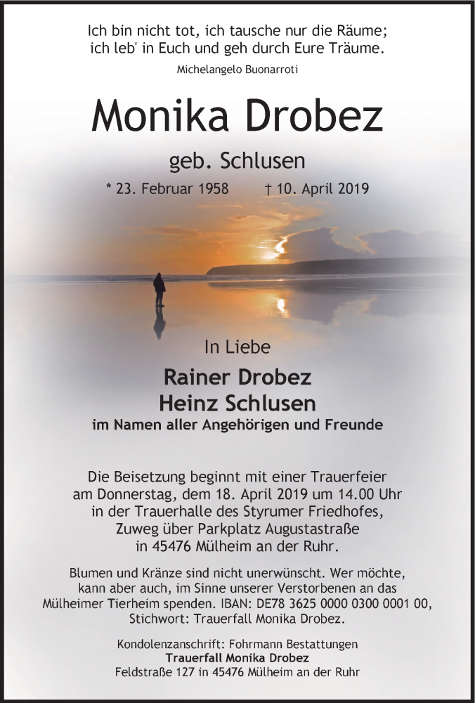  Traueranzeige für Monika Drobez vom 15.04.2019 aus Tageszeitung