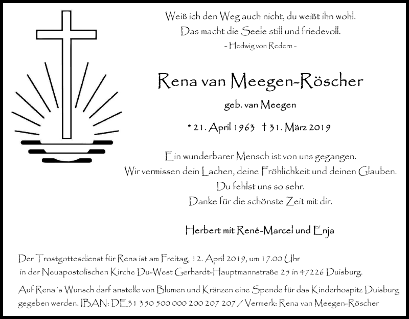  Traueranzeige für Rena van Meegen-Röscher vom 06.04.2019 aus Tageszeitung