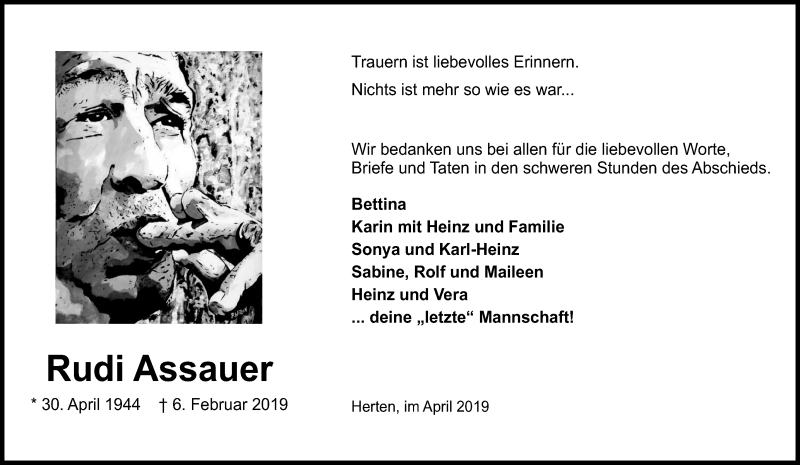  Traueranzeige für Rudi Assauer vom 06.04.2019 aus Tageszeitung