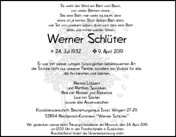 Traueranzeige von Werner Schlüter von Tageszeitung