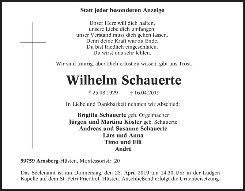  Traueranzeige für Wilhelm Schauerte vom 20.04.2019 aus waz