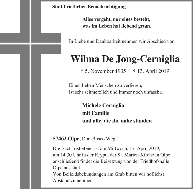  Traueranzeige für Wilma De Jong-Cerniglia vom 15.04.2019 aus Tageszeitung