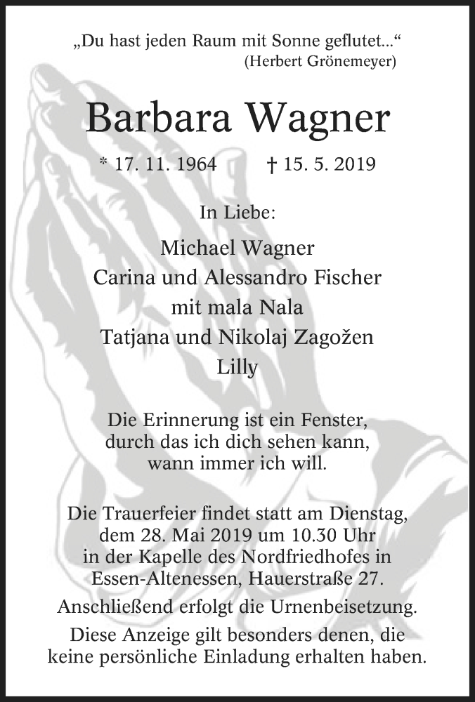  Traueranzeige für Barbara Wagner vom 22.05.2019 aus Tageszeitung