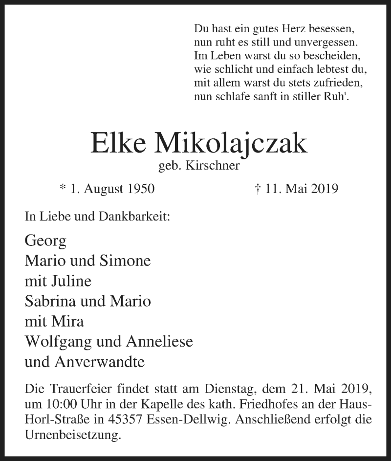  Traueranzeige für Elke Mikolajczak vom 18.05.2019 aus Tageszeitung