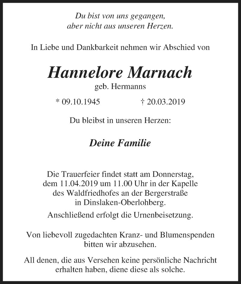  Traueranzeige für Hannelore Marnach vom 30.03.2019 aus Tageszeitung