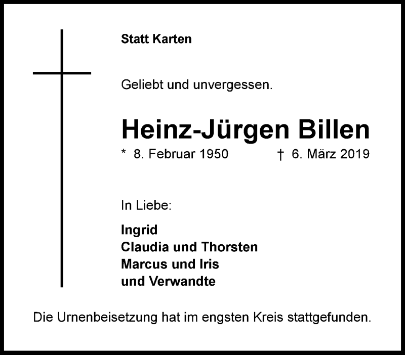  Traueranzeige für Heinz-Jürgen Billen vom 30.03.2019 aus Tageszeitung