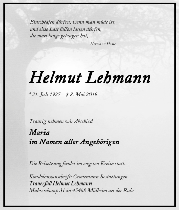 Traueranzeige von Helmut Lehmann von Tageszeitung