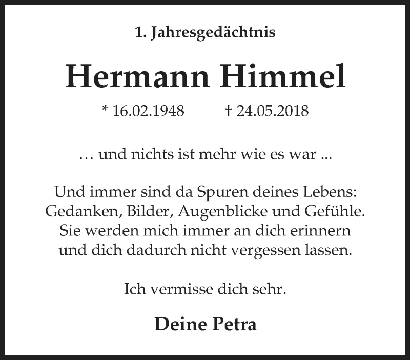  Traueranzeige für Hermann Himmel vom 25.05.2019 aus Tageszeitung