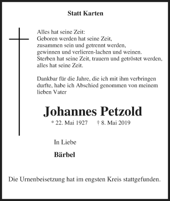 Traueranzeige von Johannes Petzold von Tageszeitung