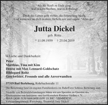 Traueranzeige von Jutta Dickel von Tageszeitung