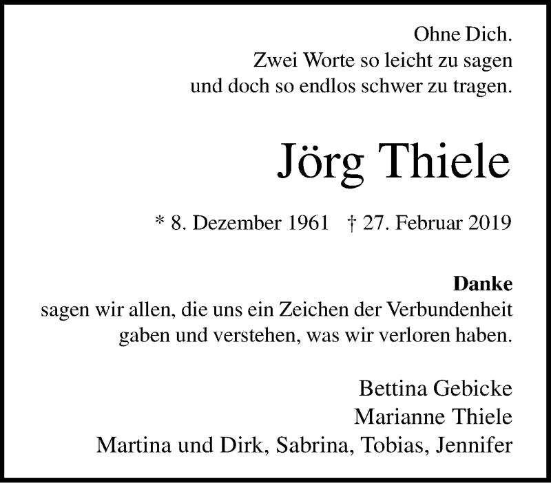  Traueranzeige für Jörg Thiele vom 30.03.2019 aus Tageszeitung