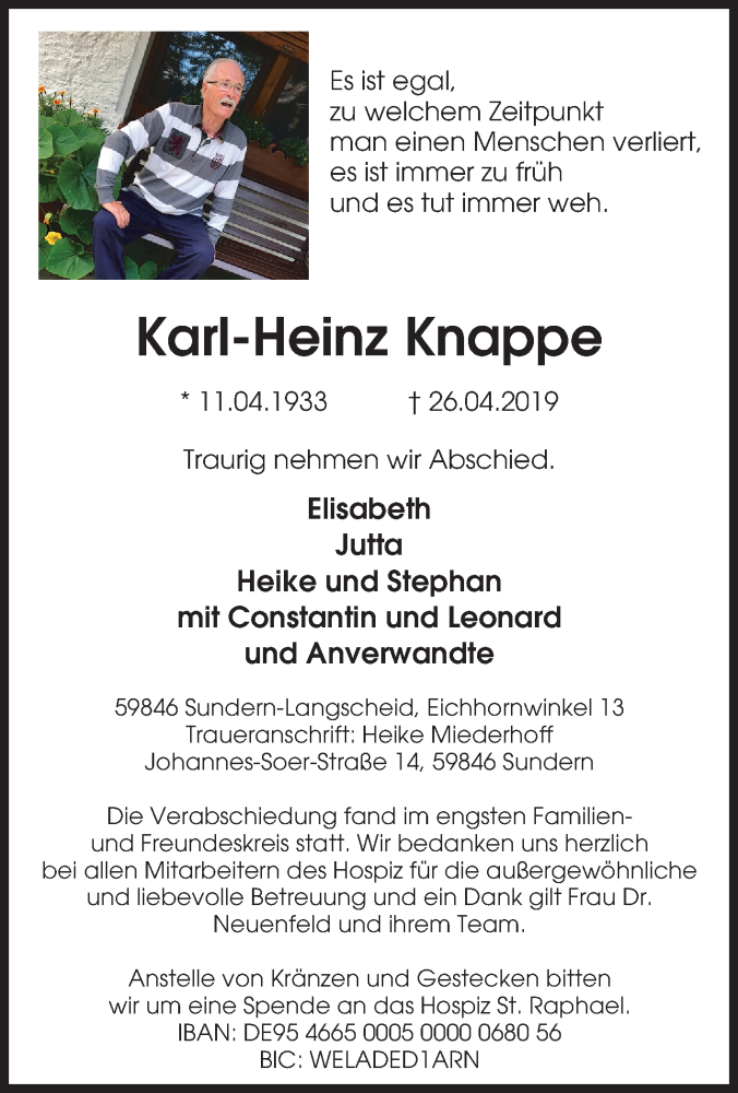  Traueranzeige für Karl-Heinz Knappe vom 01.05.2019 aus Tageszeitung
