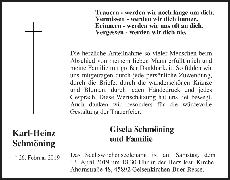  Traueranzeige für Karl-Heinz Schmöning vom 30.03.2019 aus waz