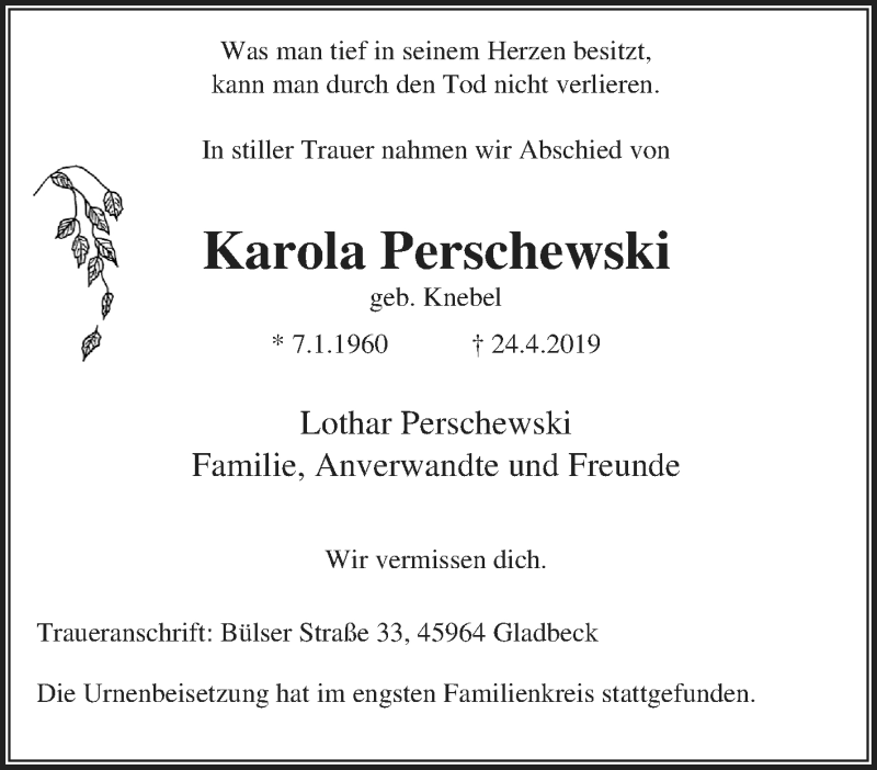  Traueranzeige für Karola Perschewski vom 15.05.2019 aus Tageszeitung