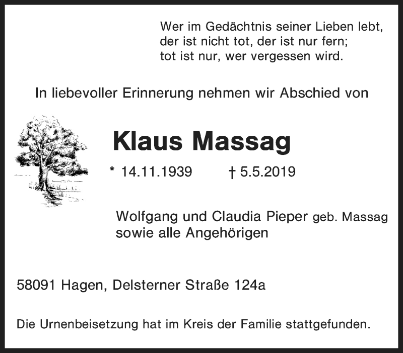  Traueranzeige für Klaus Massag vom 21.05.2019 aus Tageszeitung