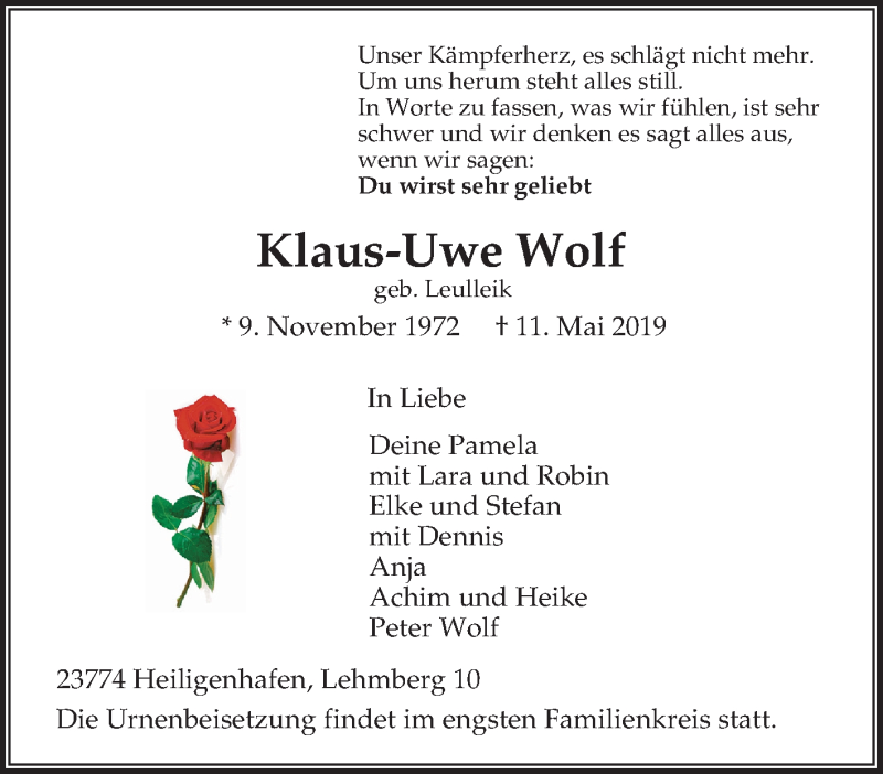  Traueranzeige für Klaus-Uwe Wolf vom 16.05.2019 aus Tageszeitung