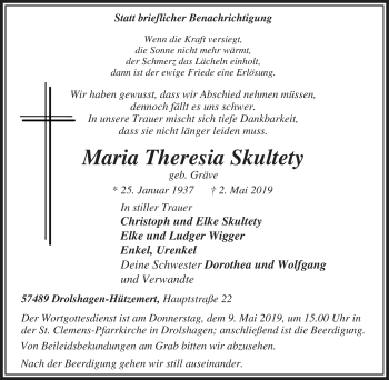 Traueranzeige von Maria Theresia Skultety von Tageszeitung