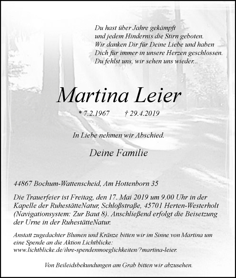  Traueranzeige für Martina Leier vom 11.05.2019 aus Tageszeitung