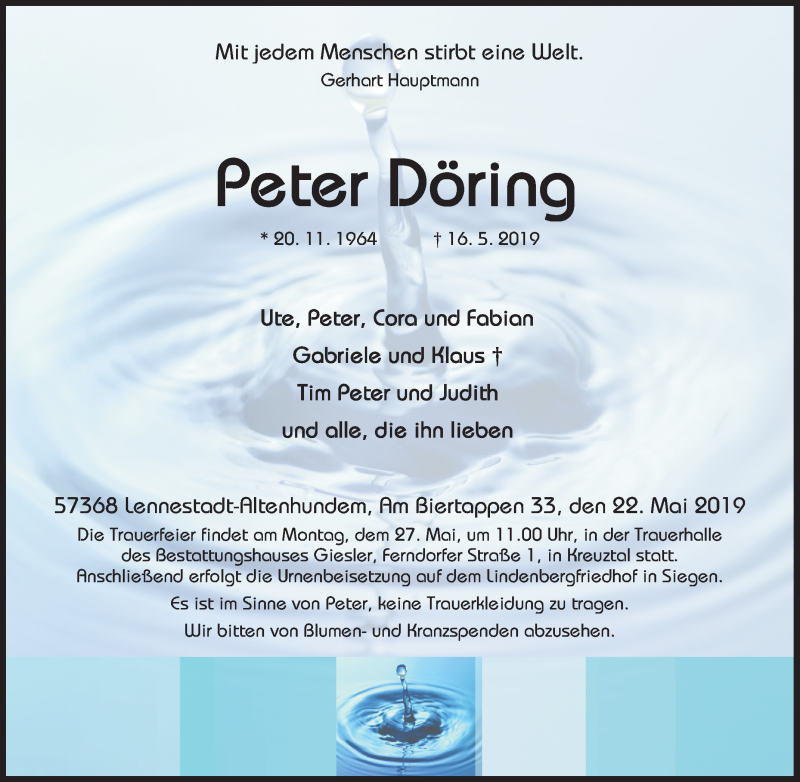  Traueranzeige für Peter Döring vom 22.05.2019 aus Tageszeitung