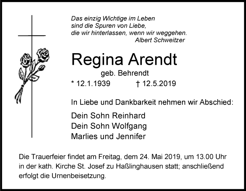  Traueranzeige für Regina Arendt vom 21.05.2019 aus Tageszeitung