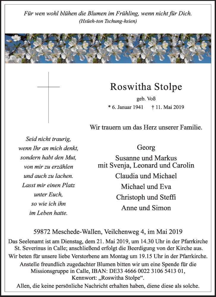  Traueranzeige für Roswitha Stolpe vom 17.05.2019 aus Tageszeitung