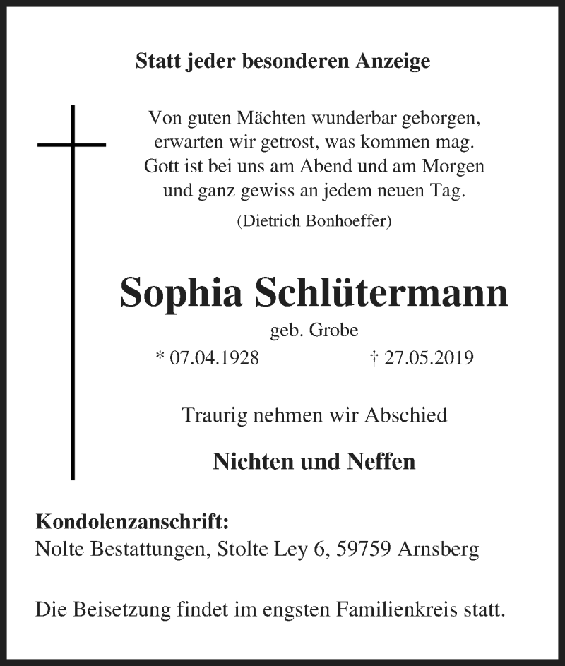  Traueranzeige für Sophia Schlütermann vom 01.06.2019 aus waz