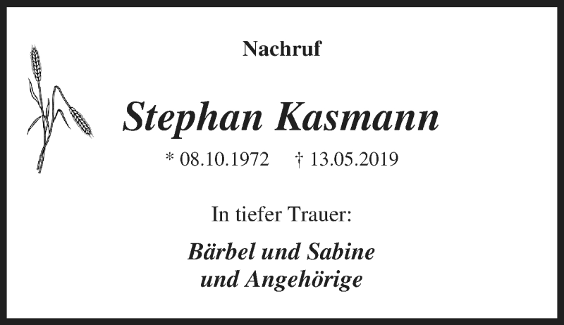  Traueranzeige für Stephan Kasmann vom 30.05.2019 aus Tageszeitung