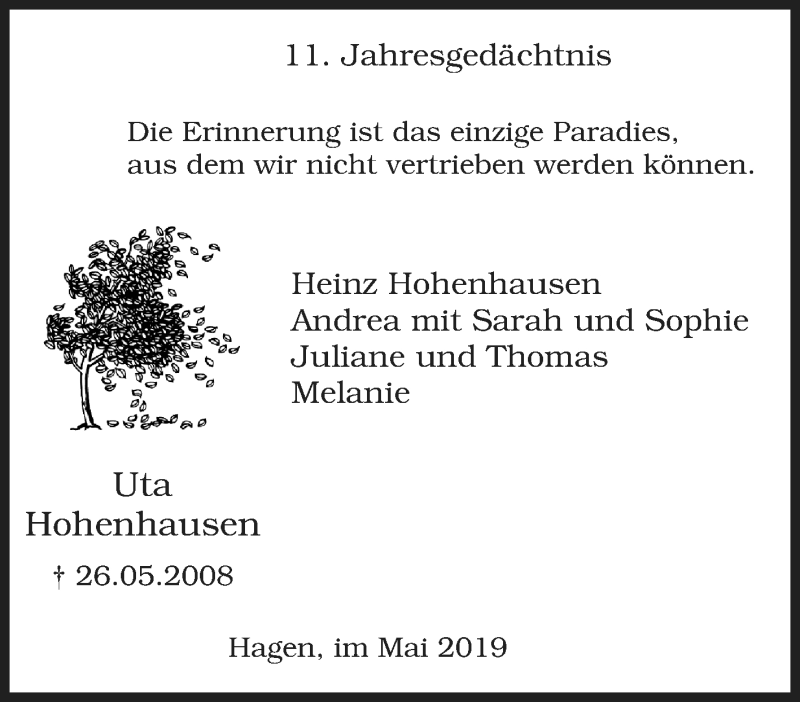  Traueranzeige für Uta Hohenhausen vom 25.05.2019 aus Tageszeitung