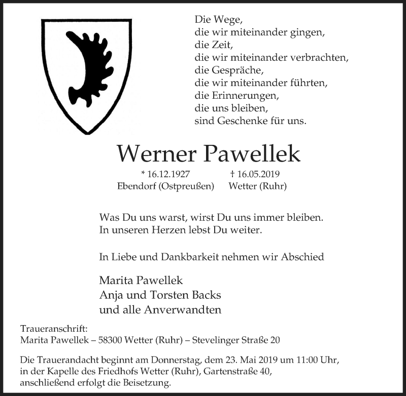  Traueranzeige für Werner Pawellek vom 21.05.2019 aus Tageszeitung