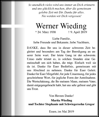 Traueranzeige von Werner Wieding von Tageszeitung