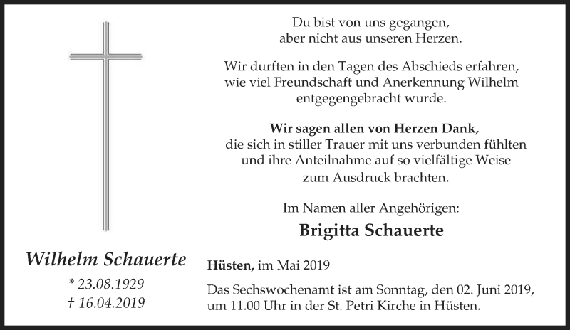  Traueranzeige für Wilhelm Schauerte vom 25.05.2019 aus waz