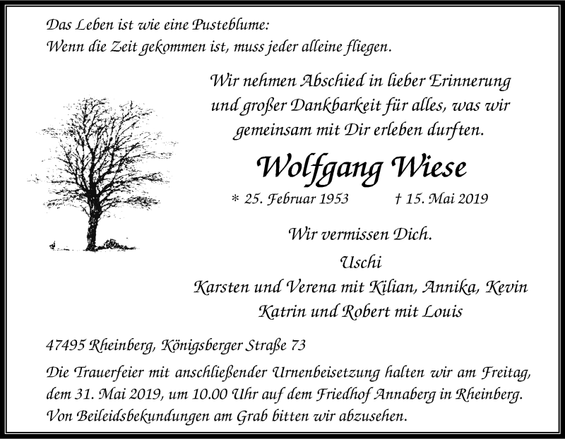  Traueranzeige für Wolfgang Wiese vom 21.05.2019 aus Tageszeitung