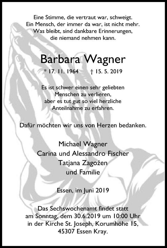  Traueranzeige für Barbara Wagner vom 15.06.2019 aus Tageszeitung