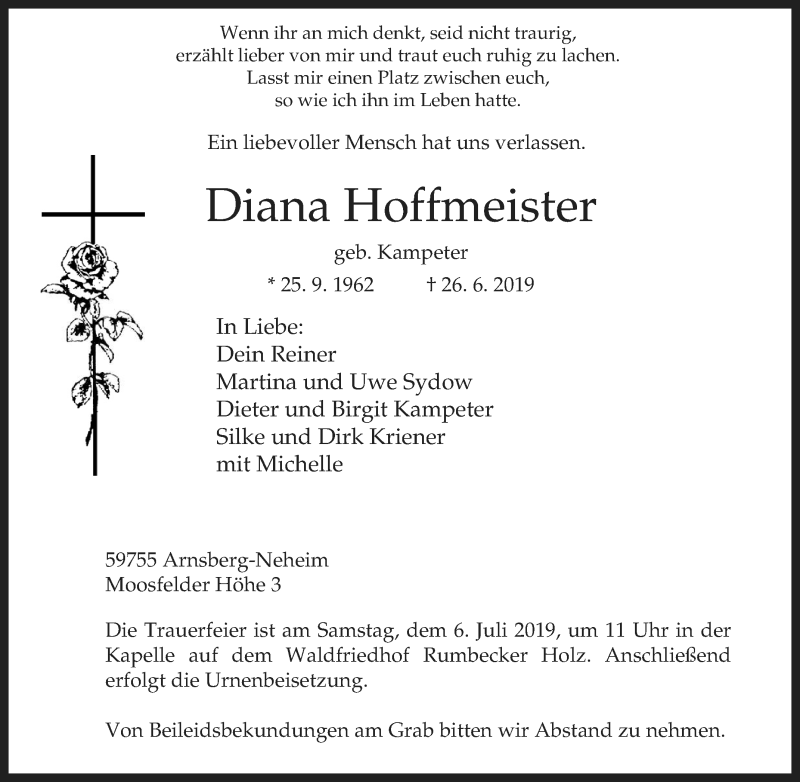 Traueranzeige für Diana Hoffmeister vom 29.06.2019 aus Tageszeitung