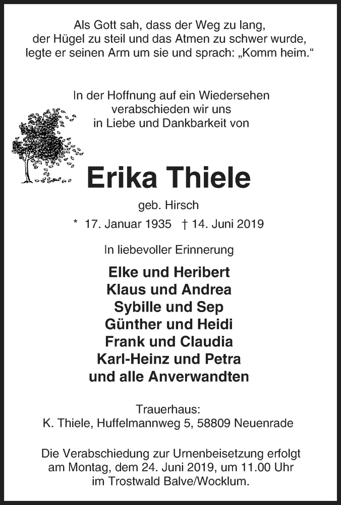  Traueranzeige für Erika Thiele vom 19.06.2019 aus Tageszeitung