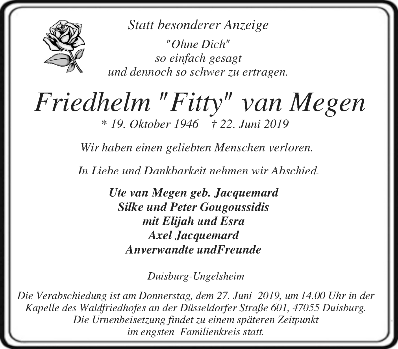  Traueranzeige für Friedhelm van Megen vom 26.06.2019 aus Tageszeitung