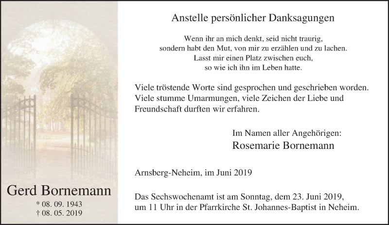  Traueranzeige für Gerd Bornemann vom 15.06.2019 aus Tageszeitung