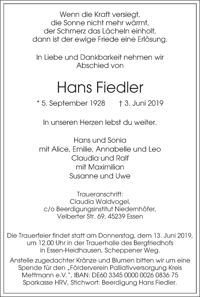  Traueranzeige für Hans Fiedler vom 08.06.2019 aus Tageszeitung