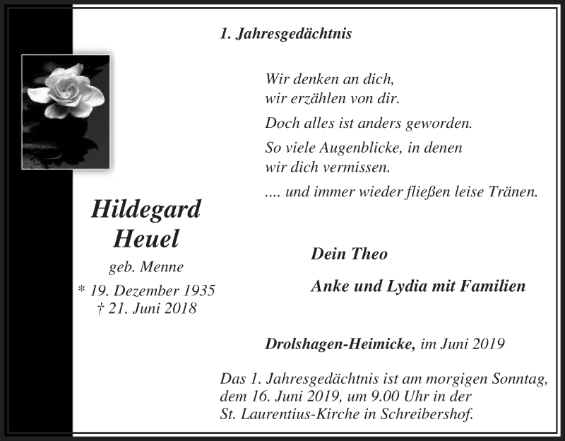  Traueranzeige für Hildegard Heuel vom 15.06.2019 aus Tageszeitung