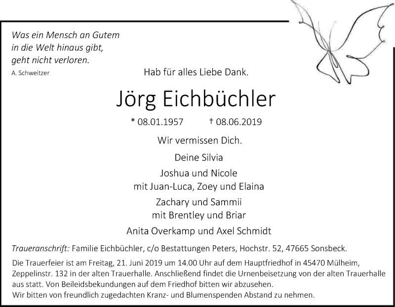  Traueranzeige für Jörg Eichbüchler vom 15.06.2019 aus Tageszeitung