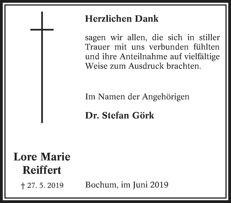  Traueranzeige für Lore Marie Reiffert vom 22.06.2019 aus Tageszeitung