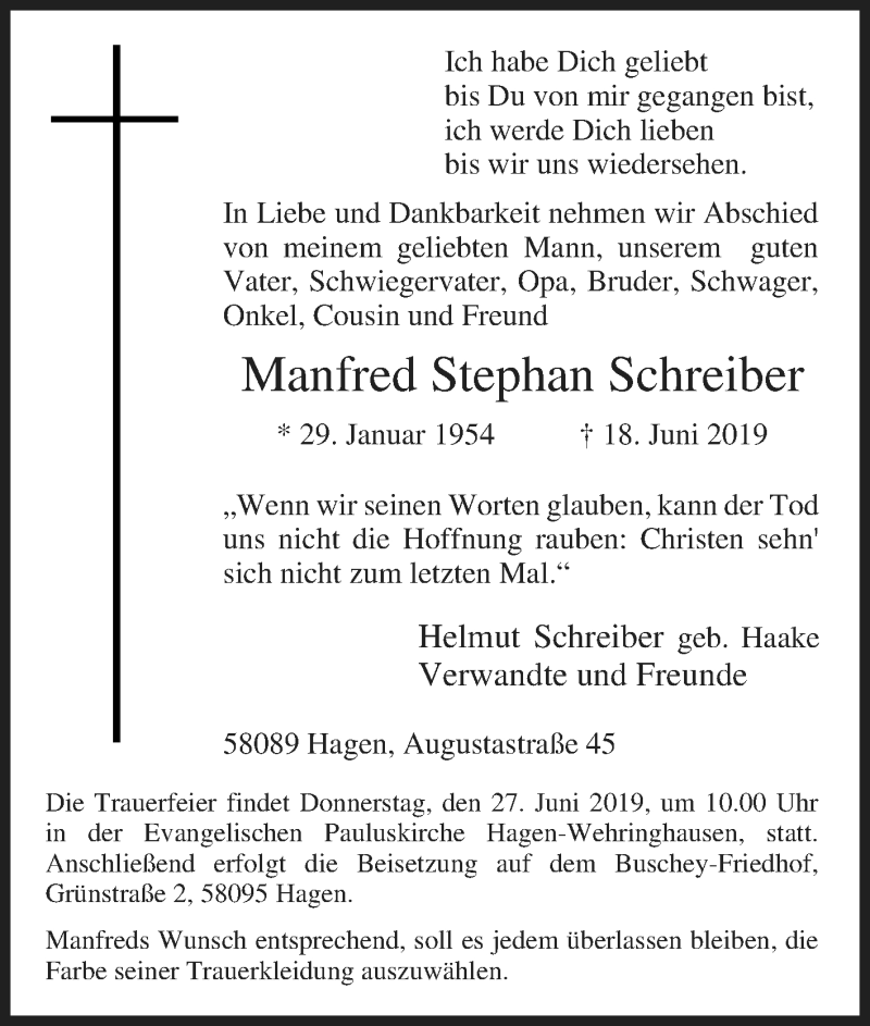  Traueranzeige für Manfred Stephan Schreiber vom 24.06.2019 aus Tageszeitung