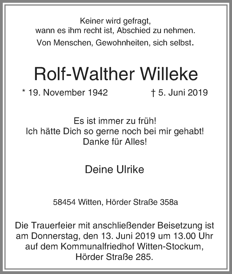  Traueranzeige für Rolf-Walther Willeke vom 08.06.2019 aus Tageszeitung